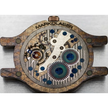 High Contrast Color Laser Annealed Watch Caseback And Movement With Geometric Engraving And Laser Marked Logo